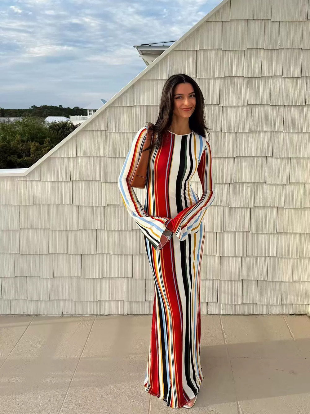 ZARA Striped Knit Long Sleeve Slim Fit Chic Maxi Beach Vacation Dress